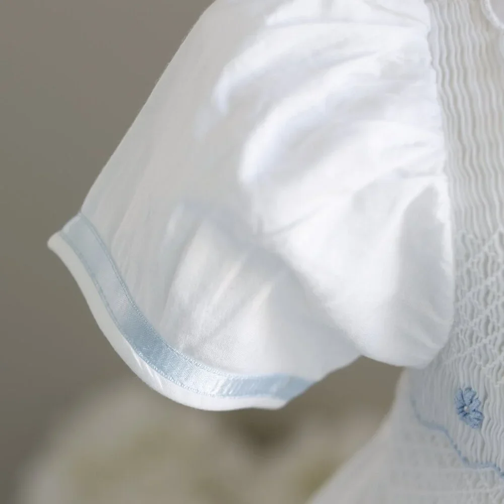 Strasburg Dress White Heirloom Smocked 6x/7 Blue Trim Special Occassion - Picture 5 of 7